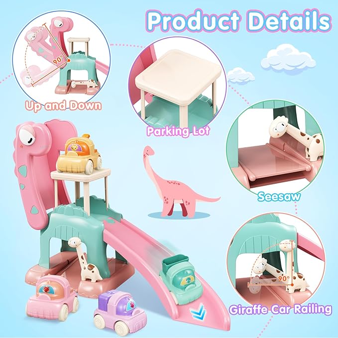 Toddler Toys for 1 2 Year Old Boys Educational Dinosaur Slide Toys with 4 Push Car Toys for Baby 12-18 Months,First Birthday Easter Gifts for Kids,Montessori Learning Race Car Track Ages 1-2 (Pink)