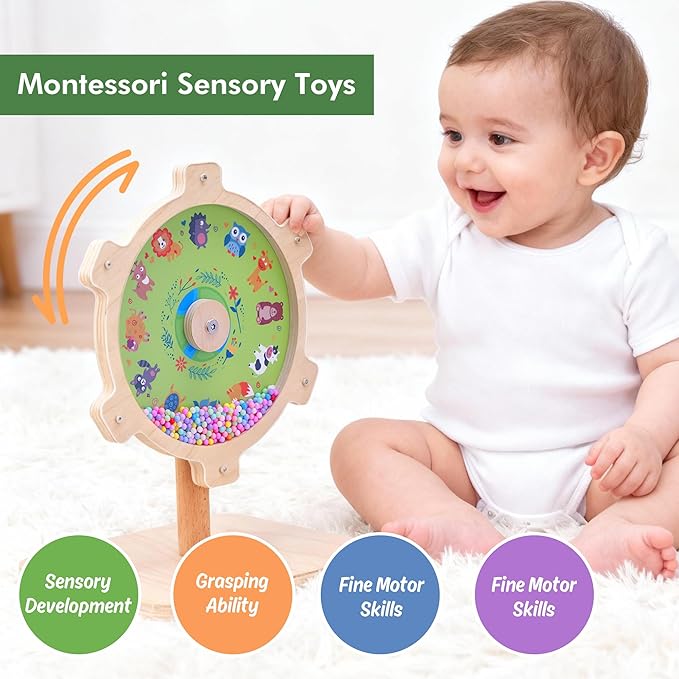 Spinning Activity Drum Toy with Sound, Montessori Wooden Sensory Toy for Babies, Perfect Birthday & Party Gift for 6-18 Months+