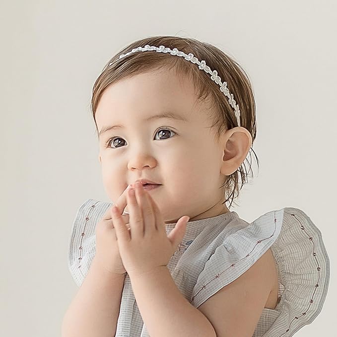 Baby Girls Flower Crown Headband Lace Handmade Floral Headbands Soft Elastic Band Daisy Hairband Newborn Infant Toddler Kids for Christening Baptism Birthday Party(White, Pearl)