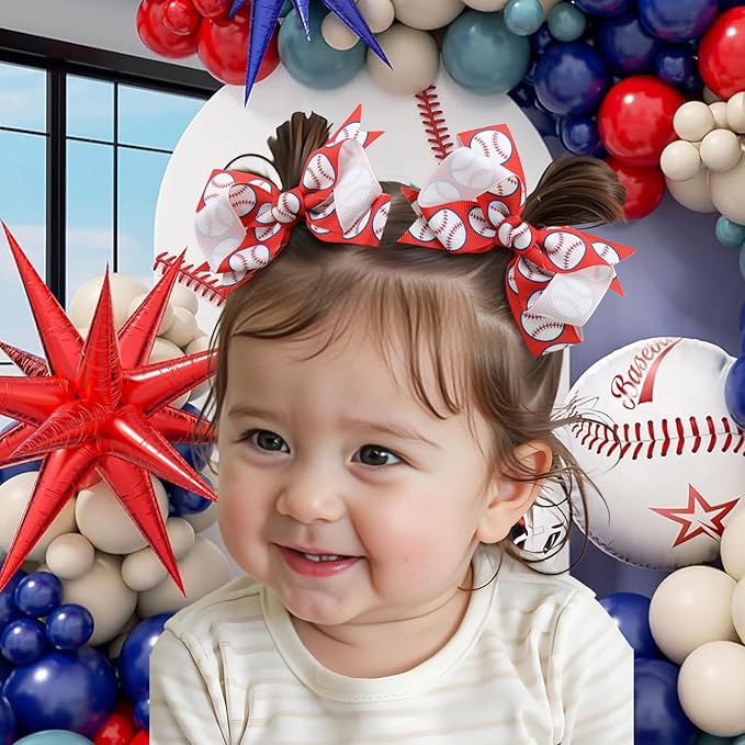 YanJie 2pcs 4'' Baseball Red Bow for Baby Girl Hair Clips Softball Grosgrain Ribbon Hair Accessories Alligator Clips for Toddler Teen Girls