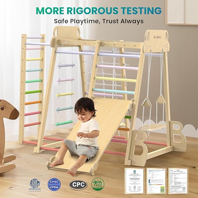 BlueWood Upgraded Indoor Jungle Gym 9-in-1 Playground Kids Climbing Toys, Waldorf Style Wooden Climber Playset with Slide, Swing, Monkey Bars, Upright/Rope Ladder, Climb Net, Colorful