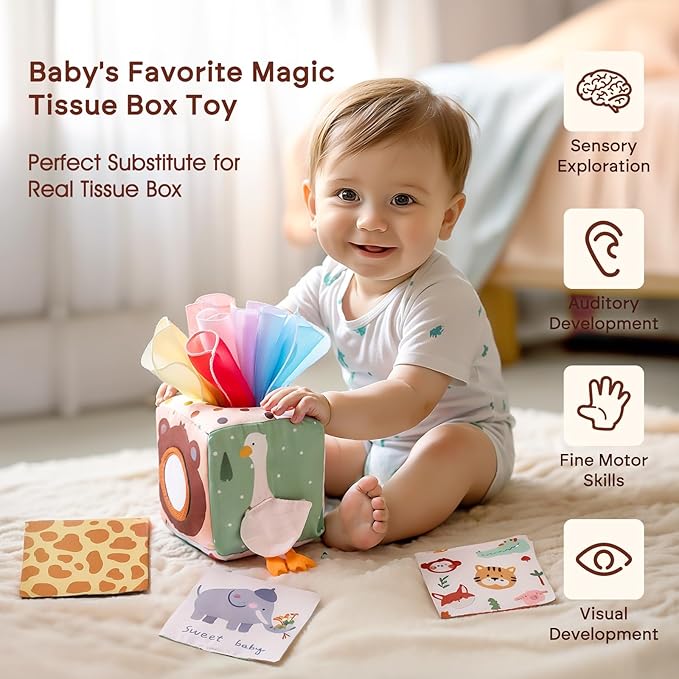 Youuys Baby Toys 6-12 Months Toys （ Montessori Toys Baby Tissue Box Sensory Toys & Jungle Soft Stuffed Animal Set with Rattle） - Toddlers Sensory Montessori Toy for 6 12 18 Months