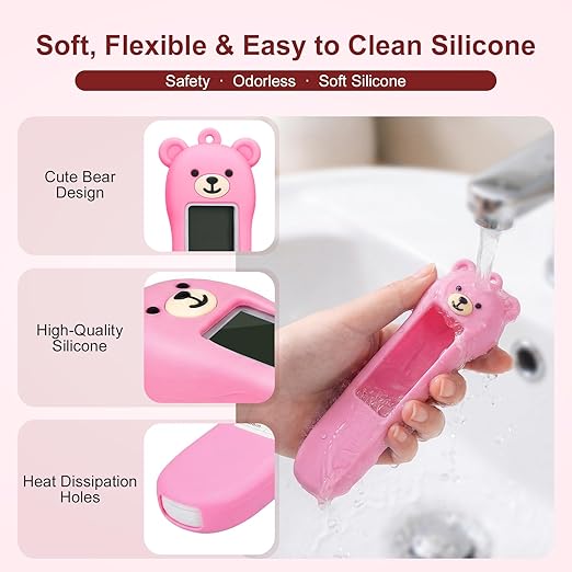 Bear Silicone Case Compatible with GoodBaby Thermometer for Adults and Kids, Cute Cartoon Thermometer Protective Case, Help Restless Baby Temperature, for Travel, Home and Outdoor (Pink)