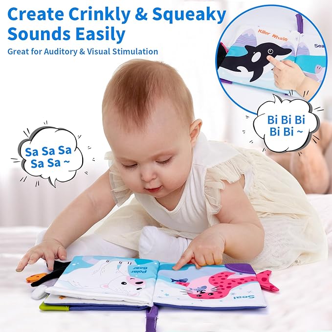 Love&Mini Baby Cloth Book Toys - Arctic Whale Sensory Touch & Feel Crinkle Books for Babies 6+ Months, Early Development Interactive Stroller Soft Toys, Easter Shower Gifts for Boys & Girls
