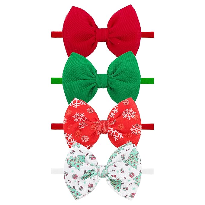YanJie Christmas Baby Headbands Newborns Bows Red Green Printed Snowflake Baby Bows Nylon Headband Toddler Infant Hairbands Cheer Bow Christmas Gift