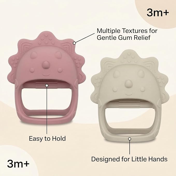 Baby Teething Toys 2 Pack, Dinosaur Mitten Teether and Ring Sun Teether with 6 Chewing Points, Silicone Chew Toys for Infants 0-6 6-12 Months, BPA Free Soothing Gum Relief Set (Two Colors)