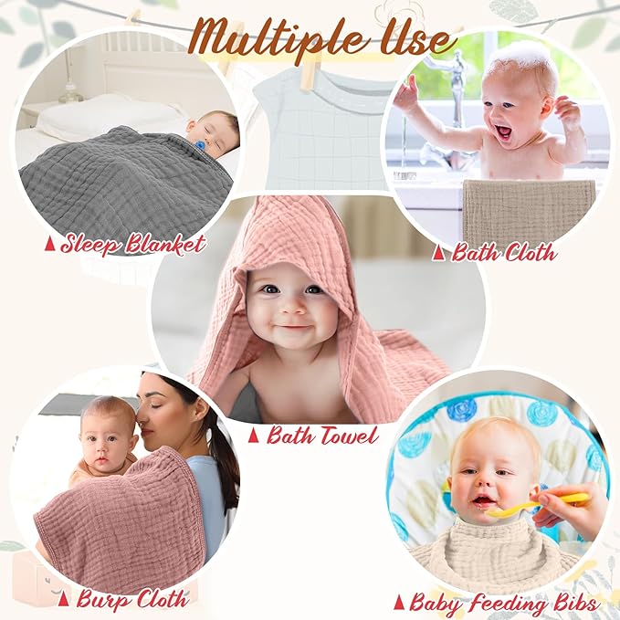 VitalCozy 12 Pcs Baby Muslin Hooded Bath Towels and Washcloths, Muslin Hooded Baby Towels Absorbent Blankets for Gift Newborn Infant Shower (Pastel)
