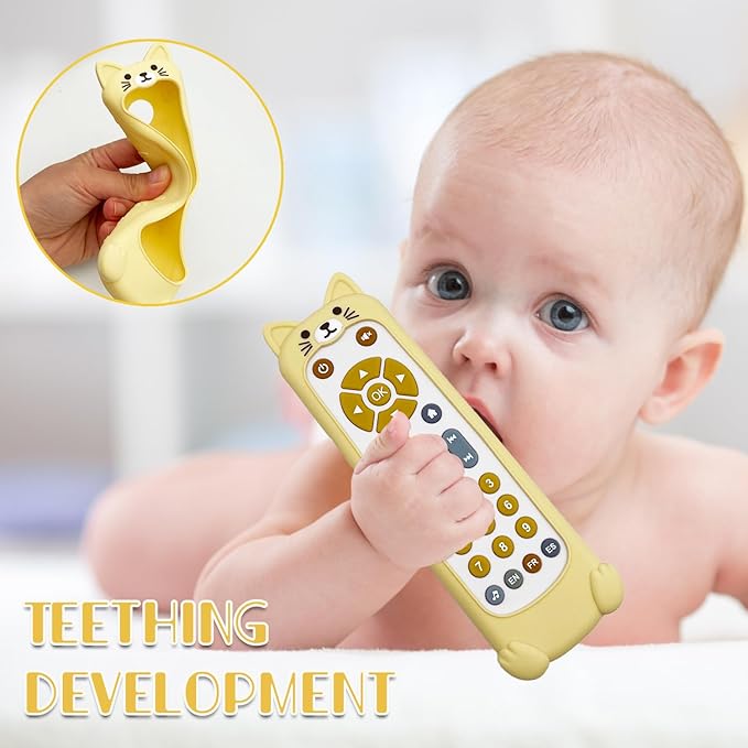 Soft Silicone Musical Teething Toys for Toddlers, Babies, Boys, Girls, 6-12 Months Baby Remote Control Shape Molar Teether Chew Toys Set Gift (Cat)