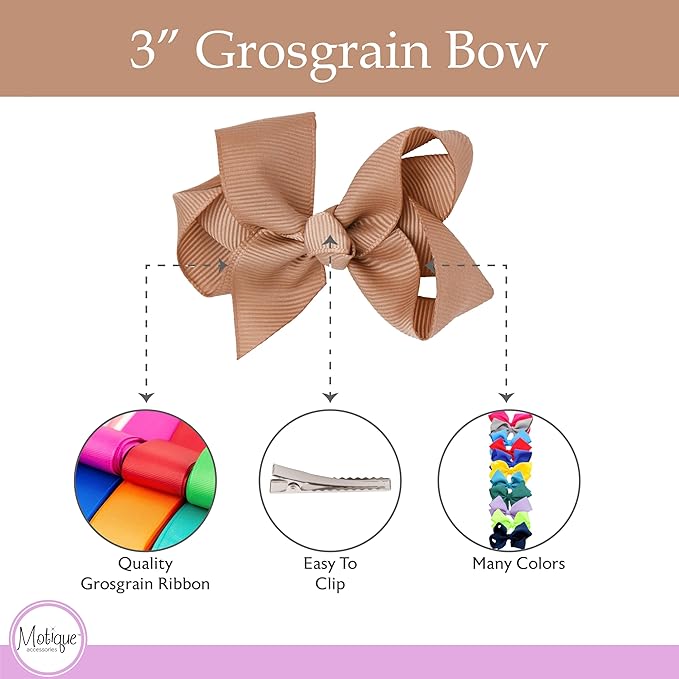 3 Inch Grosgrain Bow for Little Girls- Set of 2 (Camel)