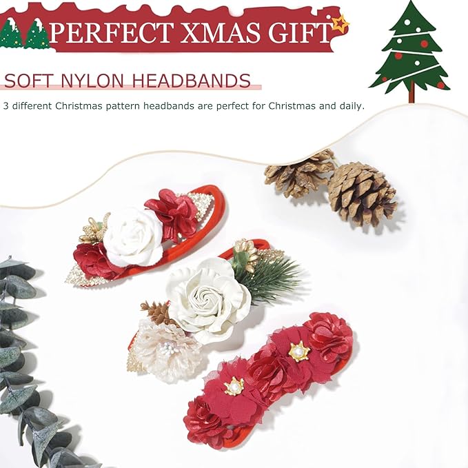Baby Girl Flower Headbands for Christmas, 3pcs Elastic Nylon Floral Hair Band, Bows Wrap for Infant Newborn Toddler