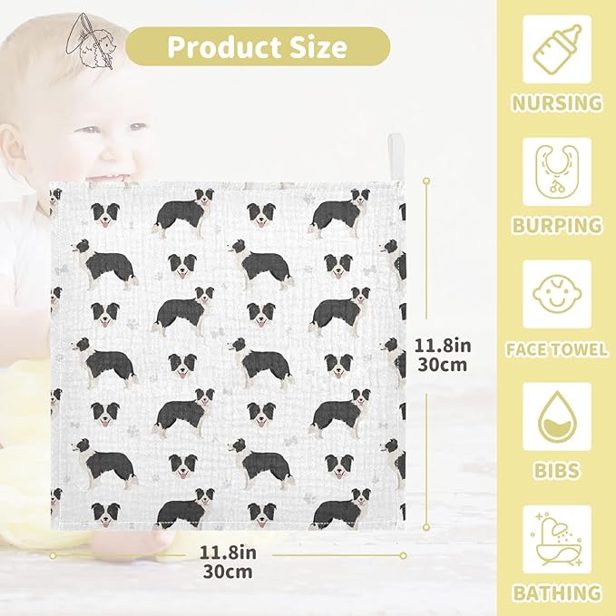 vvfelixl Baby Cotton Washcloths Border Collie Black Infants Bath Towel for Unisex Face Towels for Newborn, Natural Baby Wipes Delicate Skin, 11.8 X 11.8 inch, one sizex5