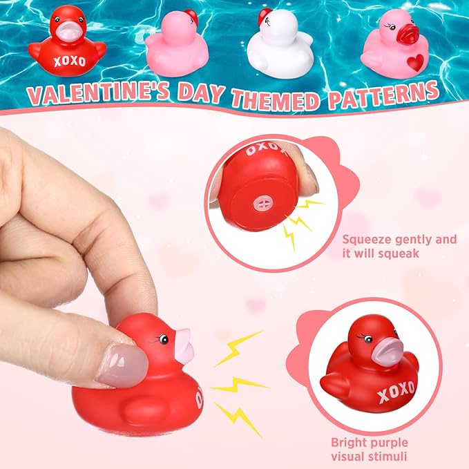 Lunmon 200 Pcs Valentine's Day Rubber Duck Heart XOXO Valentines Duck 1.4 Inch Pink Red White Float Toys for Party Favors Prizes Exchange Gifts Goodie Bag Fillers, 3 Styles