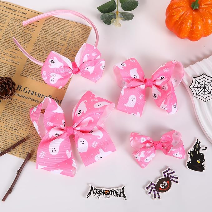 Bows for Girls,6PCS Hand-made Grosgrain Ribbon Hair Bows Alligator Clips Hair Accessories for Little Teen Toddler Girls Kids (Halloween Pink)