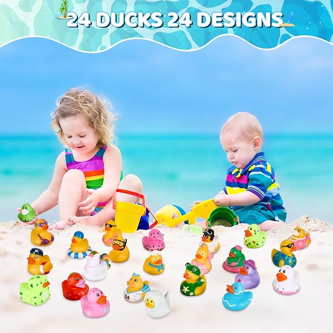 24Pack Summer Rubber Ducks with a Bag, Summer Duck for Jeeps, Assorted Beach Toys for Pool, Duckies Games, Party Favors, Birthday Gifts, Classroom Incentives, Baby Kids Swimming Pool Water Bath Toys