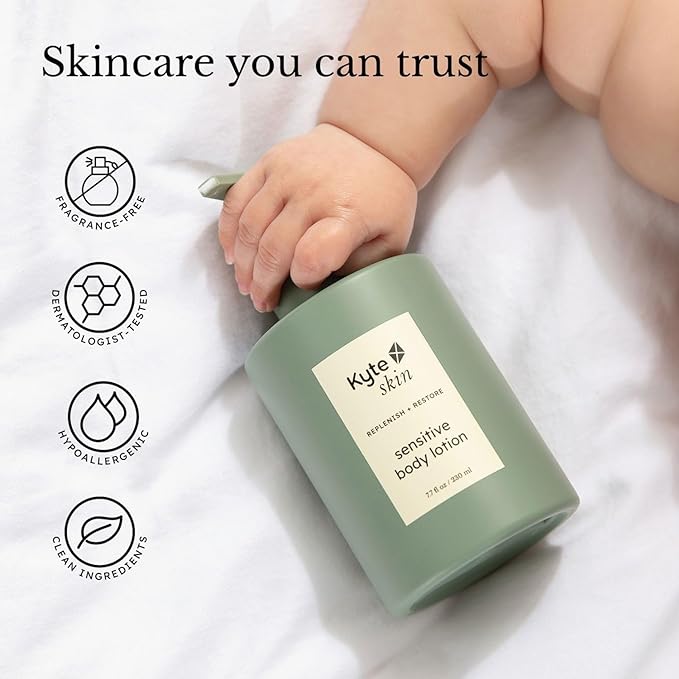 KYTE BABY - Kyte Skin Sensitive Lotion, Fragrance - Free, Hypoallergenic, with Shea Butter, Oats, Jojoba Oil, for Dry, Irritated, Eczema - Prone Skin, Safe for Babies, Kids and Adults
