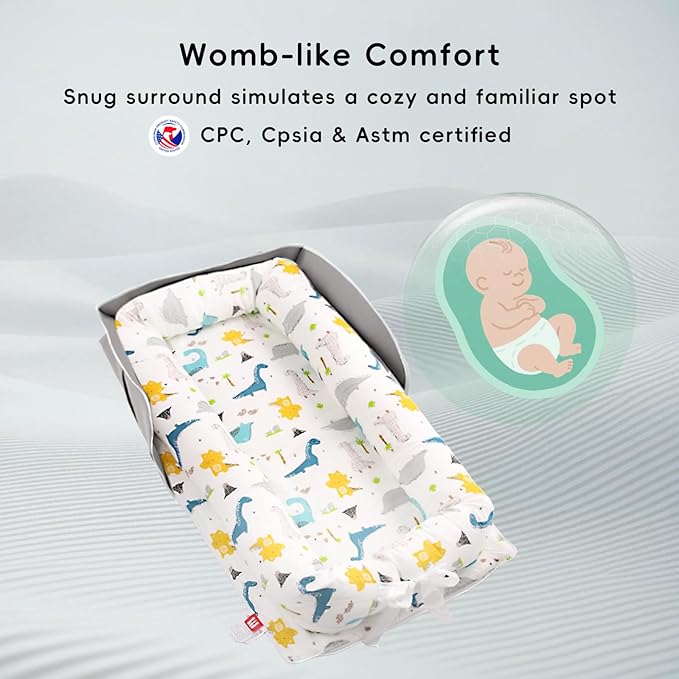 Portable Baby Lounger, Soft Baby Nest Cover Breathable Cotton Fabric, Adjustable Infant Lounger for Baby, Adjustable Size and Strong Zipper, Extended Space for Newborn 0-24 Months, Dinosaur