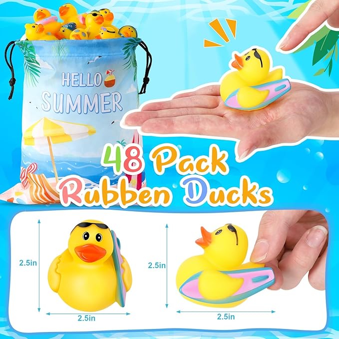 48 Pcs Summer Rubber Ducks with a Bag, Rubber Ducks for Ducking, Beach Ducks for Jeeps, Water Games Duckies, Swimming Pool Cruise Toys, Summer Holiday Party Favors, Easter Basket Stuffers for Kids