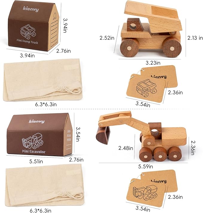 Wooden Toy Cars for 3 Year Old Boys & Girls - Construction Vehicles Set Push Toys for Toddlers, Wood Montessori Car with Rolling Wheels, Natural Wood Toys (Excavator & Dump Truck)