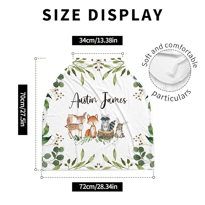 Personalized Baby Car Seat Cover Stroller Canopy: Custom Name Newborn Baby Boy Girl Elastic Animals Nursing Cover for Moms First Birthday Gift Woodland(one Size)