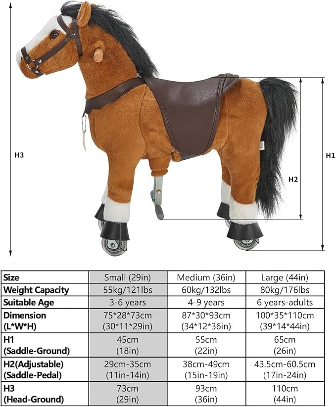 UFREE Riding Horse, Horse Riding Toy, Mechanical Horse, Plush Animal, White Mane and Tail, Age 3-6