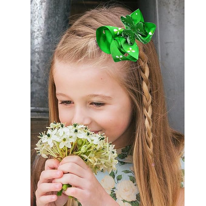 St. Patrick's Day Grosgrain Ribbon Alligator Hair Clips and Bows for Toddler Girls and Kids - 6PCS Solid Color Hair Accessories
