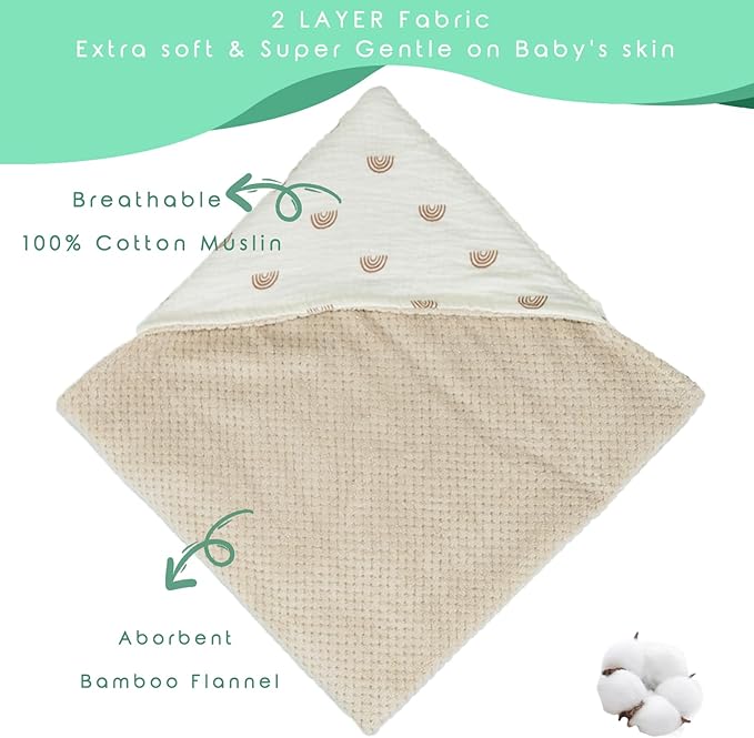 Organic Cotton Baby Bath Towel with Ultra Soft Muslin and Absorbent Flannel Lining Hooded Baby Towel, Breathable, and Perfect for Boys and Girls, (30x30 inches, Rainbow Pattern)