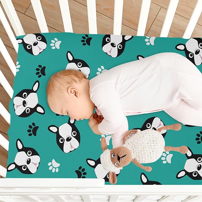 Fitted Crib Sheets Boston Terrier Puppy Head Stretchy Portable Playard Sheets for Baby Toddler, Breathable Soft Mini Crib Mattress 39 x 27 in for Boys and Girls