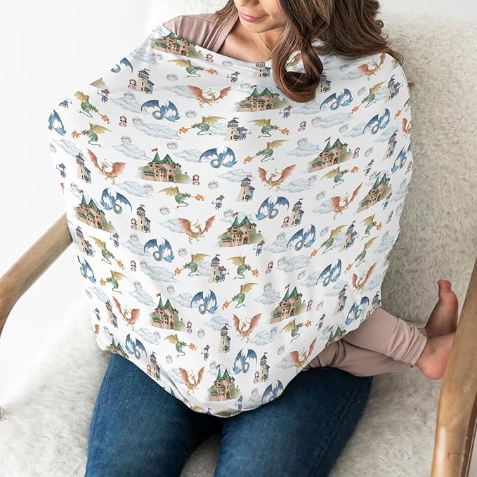 Fairytale Dragon and Knights Car Seat Cover for Babies Fantasy Dragons Princess Castle Stretchy 5-in-1 Cover Adjustable Infant Carseat Cover Canopy Moon Clouds Breathable Nursing Cover-Up