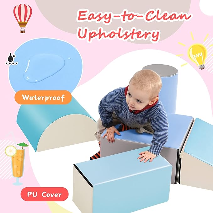 5 Piece Climb and Crawl Activity PlaySet, Including Slide Ramp,Cylinder Block and Semicircle Block,Soft Foam Indoor Active Playset for Stacking Crawling and Sliding at Home
