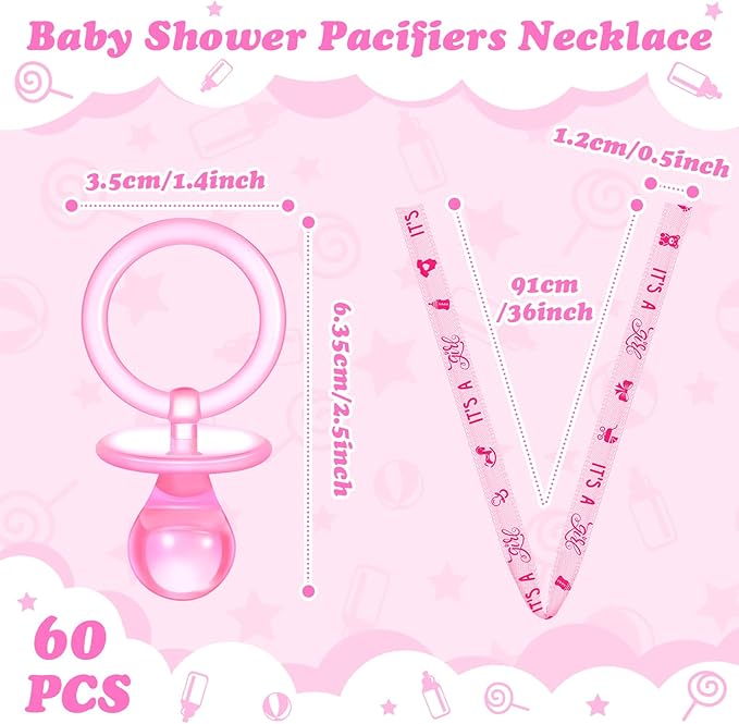 Coume 60 Pieces Baby Shower Pacifiers Necklace Acrylic Pacifiers Necklace Charm Party Favors for Girls Boys Baby Shower Party Decorations Table Scatter(Girl Style,Pink)