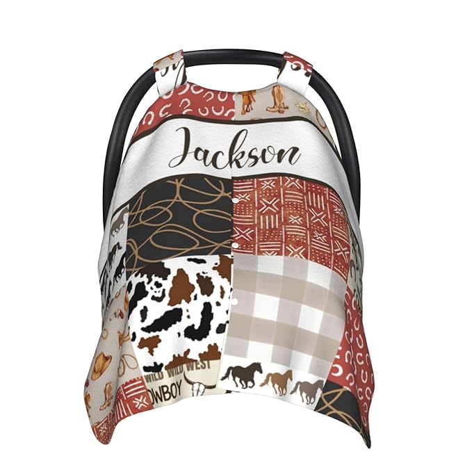 Custom Baby Car Seat Canopy with Name, Personalized Cowboy Baby Car Seats Covers for Baby Boy, Opening Minky Nursing Breastfeeding Cover for Infant, Carseat Canopies for Newborn