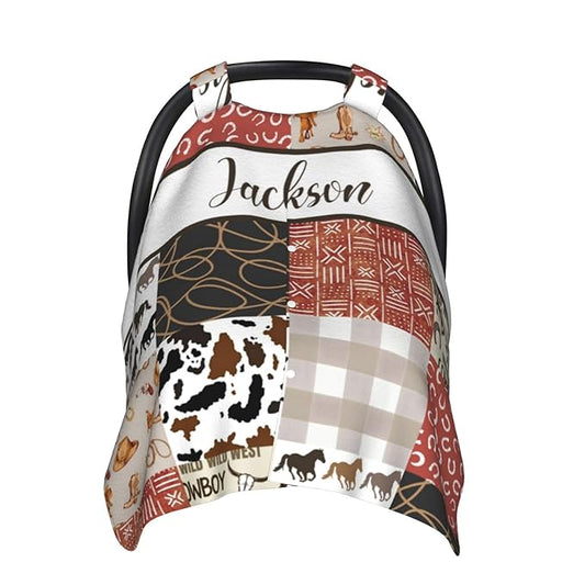 Custom Baby Car Seat Canopy with Name, Personalized Cowboy Baby Car Seats Covers for Baby Boy, Opening Minky Nursing Breastfeeding Cover for Infant, Carseat Canopies for Newborn