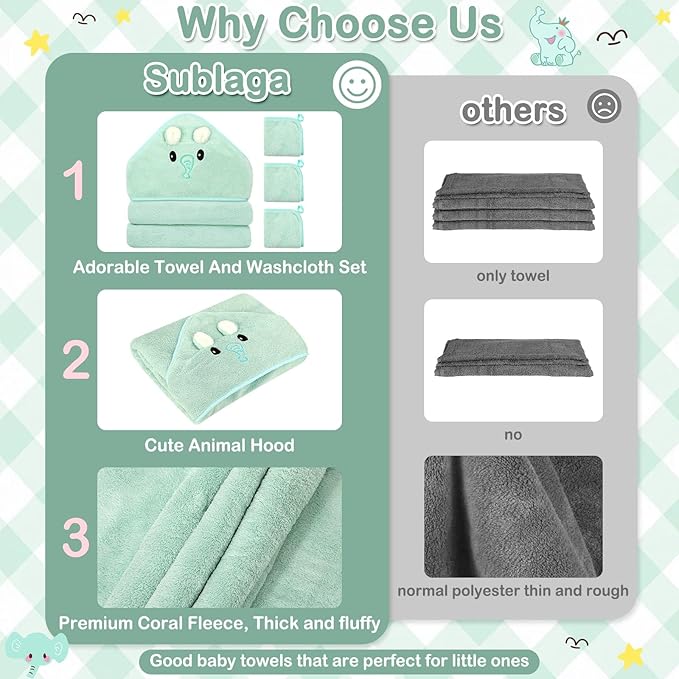 Sublaga 4 PCS Baby Towel Set, Hooded Bath Towel for Infants, Toddlers and Kids, Soft Animal Baby Bath Towels & 3 PCS Washcloths, 32x32 in Hooded Baby Bath Towel for Boy and Girl (Green Elephant)