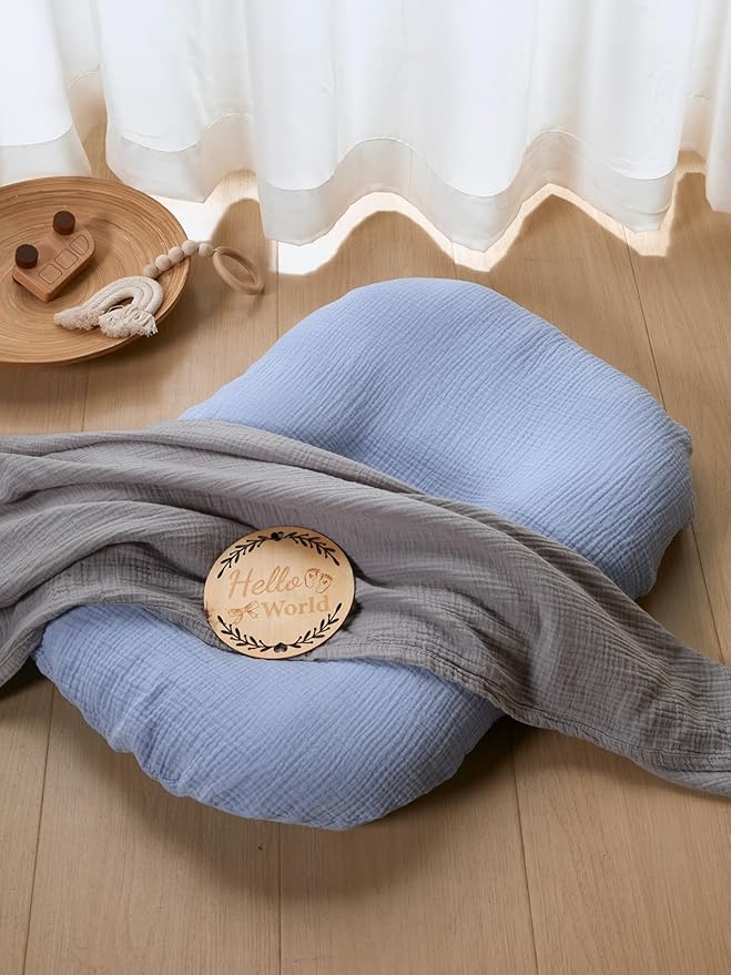 TILLYOU Muslin Baby Lounger Cover, 100% Cotton Newborn Lounger Cover, 2 Pack Baby Nest Slipcover for Boys Girls, Cover Only, Grey and Blue