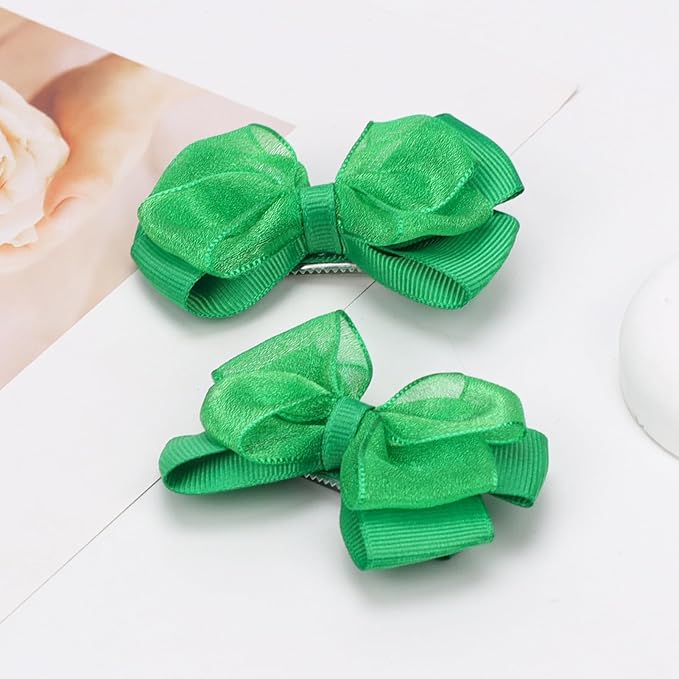 Tiny 3 Inch Organza Double Hair Bow Clips - Lined Boutique Alligator Hairpin for Baby Girls, Toddlers, and Little Teens - Kids Barrettes Set of 2 Small Stylish (Green)