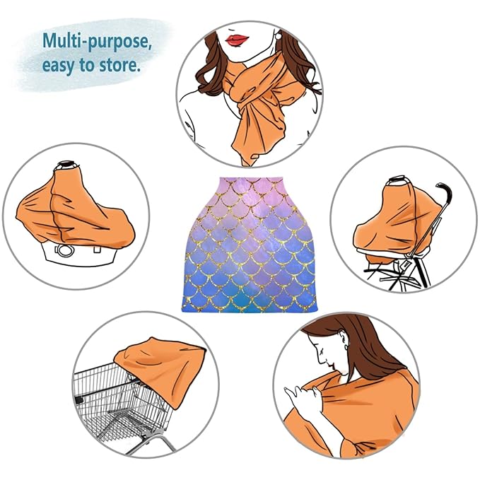 Stretchy Baby Car Seat Covers for Boys Girls Mermaid Fish Scales Infant Car Canopy Nursing Cover Breastfeeding Scarf