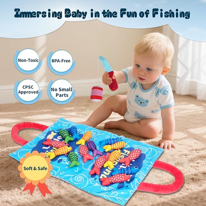 TenFans Montessori Fishing Toy for Babies 6-18 Months, Soft Cloth Ocean Sensory Toy with Stacking Cups & Color Sorting, Early Learning Toy, First Birthday Gift for Boys Girls