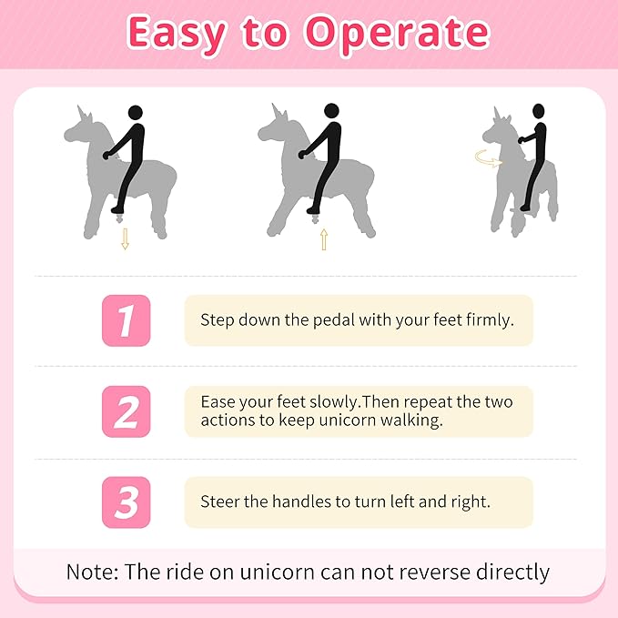 Pipleo Ride on Unicorn on Toys, Unicorn Ride on for Girls 6 to Adult, Ride on Unicorn Toys, Unicorn Rider Mechanical Walking Action Plush Animal, No Battery or Electricity, Max Load 187 LBS - Pink