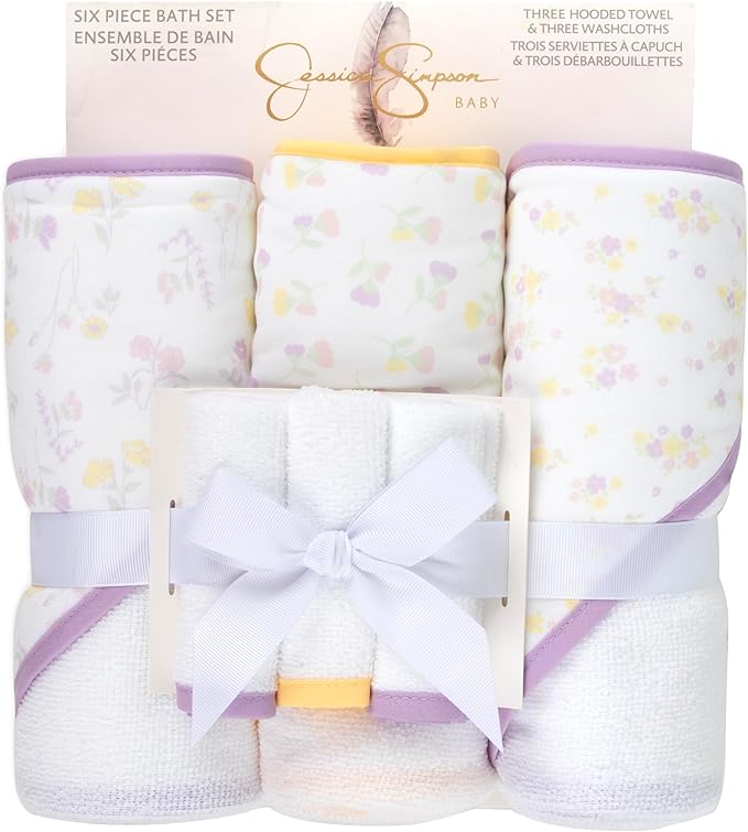 Jessica Simpson Baby 6-Piece Hooded Towel & Washcloth Set – Soft Polyester Baby Bath Towels – Butterfly & Lavender Floral Prints