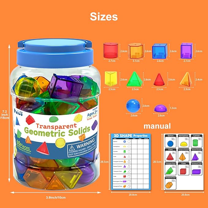 EXBEPE 3D Geometric Solids 60 Pcs for Kids Translucent Geometric Shapes for Geometry Beginnings,Light Table Manipulatives Toy Math Helper School Supplies