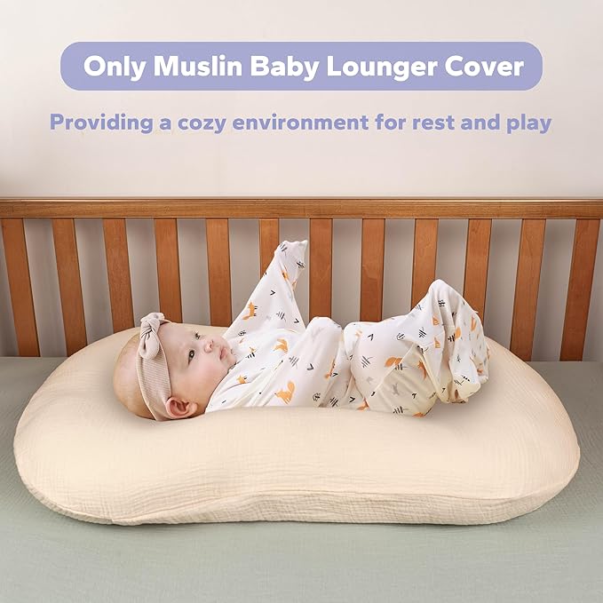 FUNUPUP Muslin Baby Lounger Cover Compatible with Snuggle Me Lounger, Infant Pillow Cover for Newborn, Removable Nest Slipcover for Boys and Girls, Only Cover, Beige and Plaid