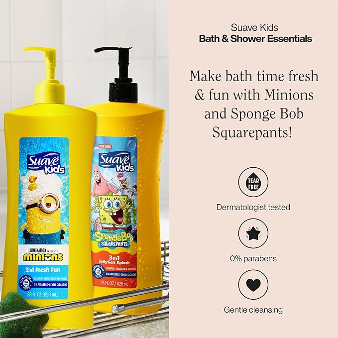 Suave Kids 3-in-1 Variety 2-Pack – Minions Fresh Fun + SpongeBob SquarePants JellyFish Splash Tear-Free Shampoo, Conditioner & Body Wash, 28 Oz Ea