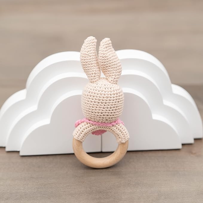 Handmade Cotton Crochet Amigurumi Rattler, Educational Baby Rattle for Teething Infants, Ideal Baby Boy Stuff, Unique Baby Stuff for New Moms, Crochet Cream Bunny Rattle Design