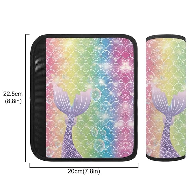 ENLACHIC Baby Car Seat Belt Cover, Cute Dinosaur Print Car Seat Shoulder Strap Pads, Infant Car Seat Cushion Safety Seatbelt Protector for Kids Boys Girls,Rainbow Mermaid Scale