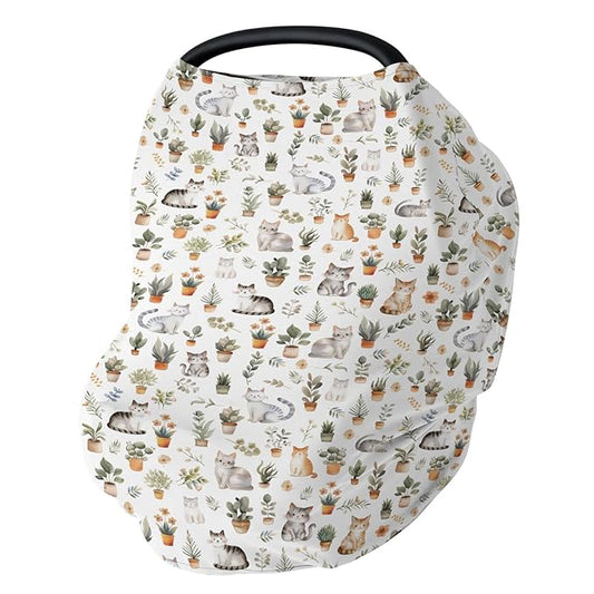 Watercolor Cats Tropical Houseplants Car Seat Cover for Babies Boho Neutral Kittens Stretchy 5-in-1 Cover Adjustable Car Canopy Breastfeeding Cover Cat Lover Gift Breathable Nursing Cover-Up
