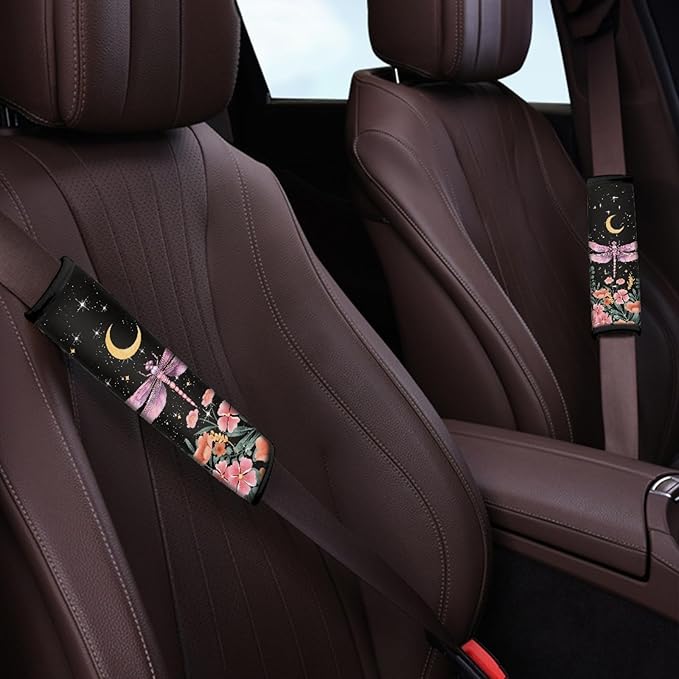 UNICEU Neoprene Soft Car Seatbelt Pads Protector Cover, Forest Floral Dragonfly Print 2 Packs Soft Car Safety Seatbelt Strap for Kids Adults