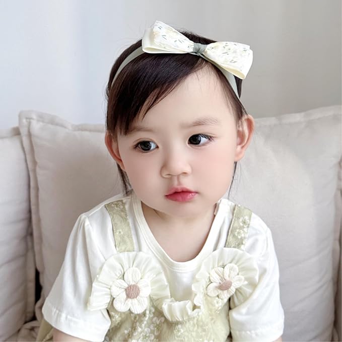 Baby Girls Hairband White Bow Lace Headbands Handmade Soft Stretchy Bowknot Hairbands Newborn Headband with Bows Pearls Elastic Head Band for Newborn Infant(Green Printed Bow)