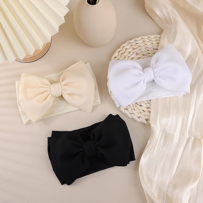 6'' Large Tied Bow Baby Headbands Handmade Hairbands with Bows High Stretchy Soft Nylon Headbands Baby Hair Accessories for Infant Baby Girls Black White Beige