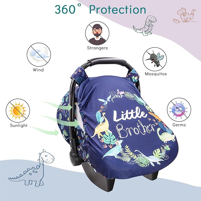 Car Seat Covers for Babies Boys, Little Brother Infant Carseat Canopy, Stretchy Newborn Stroller Carrier Cover, Dinosaur