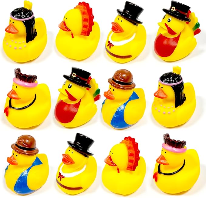 Thanksgiving Rubber Ducks, 12 Pack Turkey Ducks Bulk in 6 Styles Duckies Thanksgiving Party Favor Supplies Gifts for Kids Adults Parade Decorations Bath Duck Toys School Classroom Game Prizes